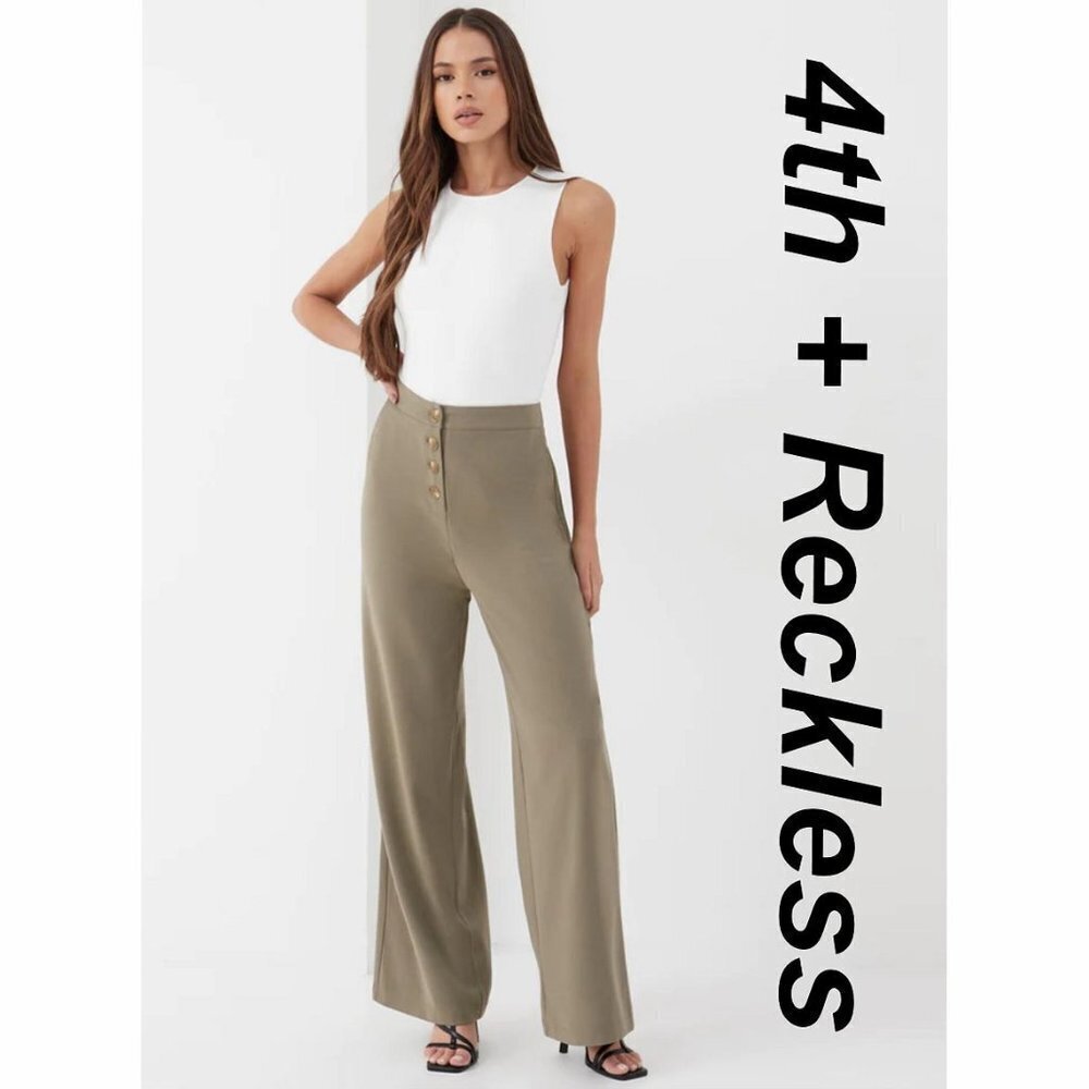 4th + Reckless Women's Trousers Size 5 Khaki Green Button Front Detail Wide Leg